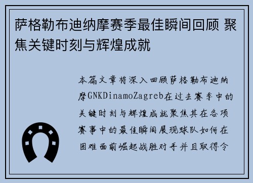 萨格勒布迪纳摩赛季最佳瞬间回顾 聚焦关键时刻与辉煌成就