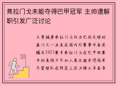 弗拉门戈未能夺得巴甲冠军 主帅遭解职引发广泛讨论